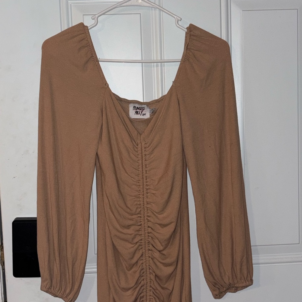 Princess Polly Camel Ruched Long Sleeve Dress